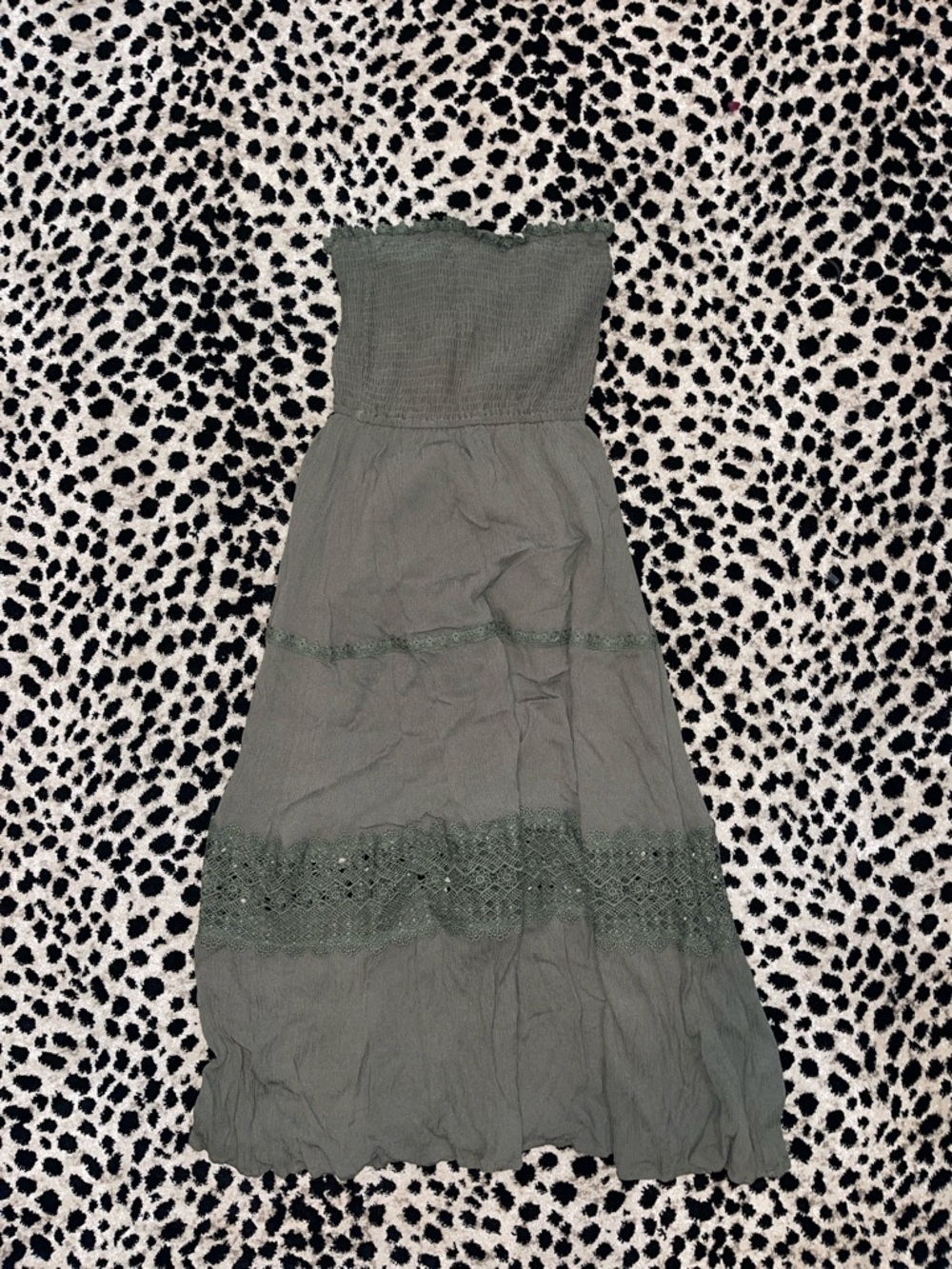 Smocked Strapless Maxi Dress in Olive Green
